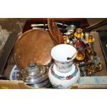 A TRAY OF ASSORTED SUNDRIES TO INCLUDE A CHINESE VASE, WARMING PAN, SILVER PLATED TEAPOT ETC.
