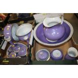 TWO TRAYS OF PURPLE SOHO POTTERY SOLIAN WARE CERAMICS TO INCLUDE DRESSING TABLE ITEMS, LARGE JUG AND