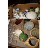 TWO TRAYS OF CERAMICS AND GLASSWARE TO INCLUDE WADE WHISKEY JUGS