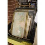 A TRAY OF VINTAGE FRAMES, TRAYS ETC.