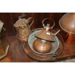 AN UNUSUAL COPPER KETTLE PLUS ANOTHER AND THREE OTHER COPPER ITEMS (5)