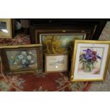 A SELECTION OF PICTURES TO INCLUDE A FLORAL STILL LIFE DENNIS HARPER OIL PAINTING