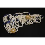 A SILVER MOUNTED PEARL AND LAPIZ LAZULI NECKLACE AND BRACELET