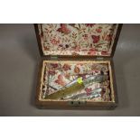 A 19TH CENTURY BOX AND CONTENTS TO INCLUDE SILVER HANDLED MANICURE ITEMS AND A PAGE TURNER