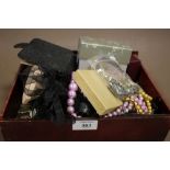 A BOX OF COSTUME AND SILVER JEWELLERY TO INCLUDE A LOCKET