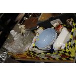 A SMALL TRAY OF CERAMICS TO INCLUDE A WEDGWOOD QUEENSWARE BOWL TOGETHER WITH A TRAY OF GLASSWARE