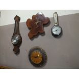 A MAHOGANY 'COMITTI' BAROMETER TOGETHER WITH A SMALLER BAROMETER AND TWO CLOCKS (4)