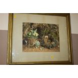 A GILT FRAMED LITHOGRAPH BY M & N HANHART DEPICTING A BIRDS NEST & A BASKET