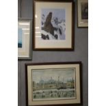 A FRAMED AND GLAZED LOWRY PRINT 'NORTHERN RIVER SCENE' TOGETHER WITH A SIGNED LTD EDITION BIRD OF