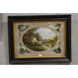 AN OAK FRAMED OIL PAINTING DEPICTING A COTTAGE