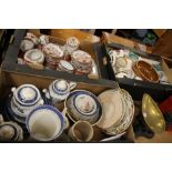 THREE TRAYS OF CHINA AND CERAMICS TO INCLUDE ORIENTAL EGGSHELL STYLE TEA WARE, WILLOW PATTERN BLUE