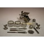 A COLLECTION OF SILVER AND WHITE METAL ITEMS TO INC PAGE TURNER, SALTS, ORIENTAL FIGURE ETC