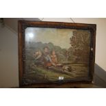 A VINTAGE PRINT DEPICTING CHILDREN IN A CART IN A CARVED OAK FRAME