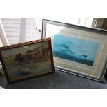 A VINTAGE OAK FRAMED WATERCOLOUR DEPICTING A HARBOUR SCENE TOGETHER WITH A SIGNED LTD EDITION SHIP