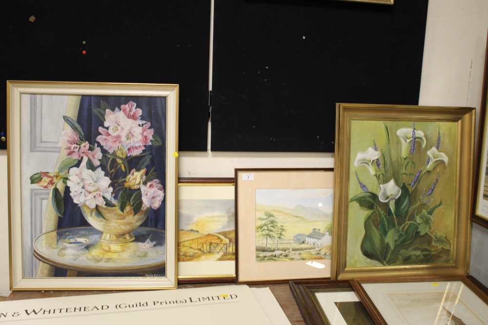 TWO FRAMED OIL ON BOARD FLORAL STILL LIFE PAINTINGS SIGNED FLORIS EVANS AND E.M STEECE TOGETHER WITH