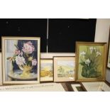 TWO FRAMED OIL ON BOARD FLORAL STILL LIFE PAINTINGS SIGNED FLORIS EVANS AND E.M STEECE TOGETHER WITH