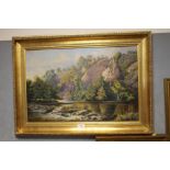 A GILT FRAMED OIL ON CANVAS DEPICTING A RIVER SCENE SIGNED HARRIS 1901