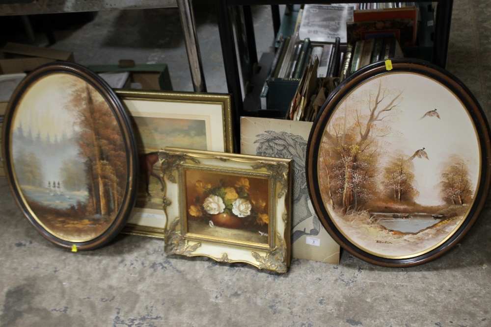 A SELECTION OF OIL PAINTINGS, PRINTS ETC., TO INC A PAIR OF OVAL FRAMED OILS