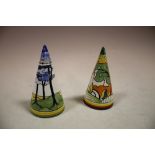 TWO CLARICE CLIFF BIZARRE LIMITED EDITION SUGAR SHAKERS 'BLUE FIRS' & 'CORNWALL'