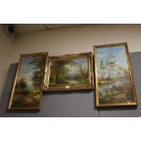 A PAIR OF GILT FRAMED D.TAN COUNTRY OIL PAINTINGS PLUS ANOTHER