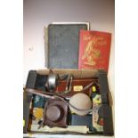 A BOX OF COLLECTABLES TO INCLUDE A VICTORIAN PHOTO ALBUM, VINTAGE CAMERAS ETC.