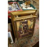 A MODERN GILT FRAMED WALL MIRROR TOGETHER WITH A PRINT