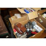 A BOX OF VINTAGE CAMERAS AND ACCESSORIES TOGETHER WITH PRINTERS ETC.