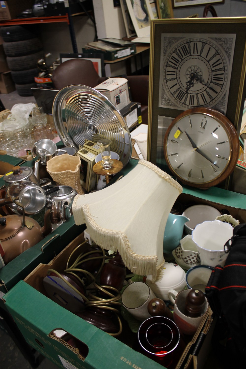 TWO TRAYS OF CHINA AND SUNDRIES TO INCLUDE A COPPER KETTLE, SILVER PLATED COFFEE SET, METAMEC WALL