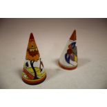 TWO CLARICE CLIFF LIMITED EDITION SUGAR SHAKERS 'BERRIES' AND 'HOUSE & BRIDGE'