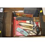 A BOX OF COLLECTABLES TO INCLUDE VINTAGE CUT THROAT RAZORS