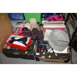 TWO TRAYS OF LADIES VINTAGE CLOTHING ACCESSORIES COMPRISING MOSTLY SHOES, HATS, BELTS ETC.