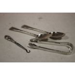 A BAG OF HALLMARKED SILVER SPOONS, SUGAR TONGS ETC