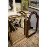 A LARGE GILT FRAMED MIRROR PLUS ANOTHER TOGETHER WITH FOUR PRINTS (6)