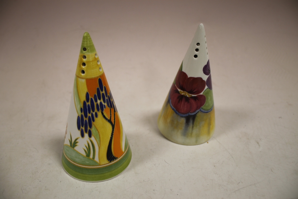 TWO CLARICE CLIFF LIMITED EDITION SUGAR SHAKERS 'DELICIA PANSIES' AND 'WINDBELLS'