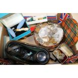 A BOX OF COLLECTABLES TO INCLUDE COINS, BINOCULARS POCKET KNIFE, WATCHES ETC.