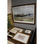 A LARGE FRAMED AND GLAZED RAF PRINT TOGETHER WITH A SELECTION OF ASSORTED PICTURES (5)