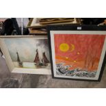A 1970S ABSTRACT JOHN LANEY WATERCOLOUR TOGETHER WITH A SIGNED OIL ON CANVAS DEPICTING BOATS