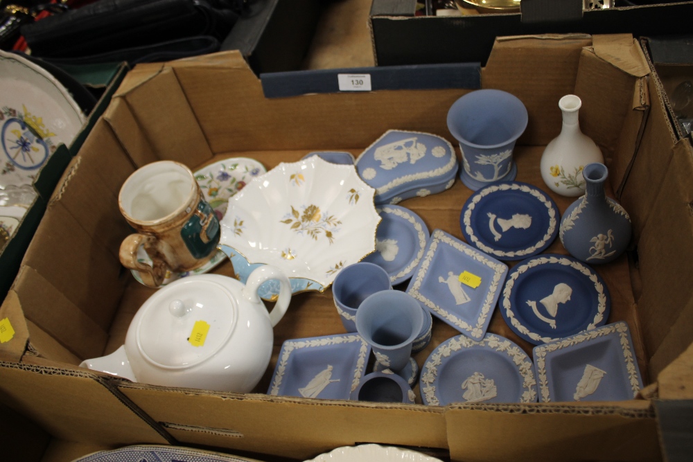 A TRAY OF WEDGWOOD JASPERWARE ETC.