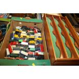 A TRAY OF TOY CARS TO INCLUDE CORGI EXAMPLES PLUS THREE DISPLAY SHELVES