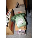 A VINTAGE GREEN TELEPHONE PLUS TWO BOXED PROJECTORS