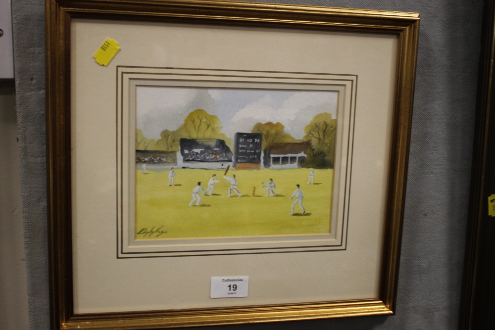 A FRAMED AND GLAZED DIGBY PAGE CRICKET INTEREST WATERCOLOUR