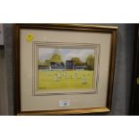 A FRAMED AND GLAZED DIGBY PAGE CRICKET INTEREST WATERCOLOUR