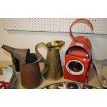 AN ART NOUVEAU BRASS JUG, ROAD LAMP ETC (3)