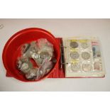 A QUANTITY OF BRITISH AND WORLD COINS PLUS AN ALBUM, BANKNOTES ETC