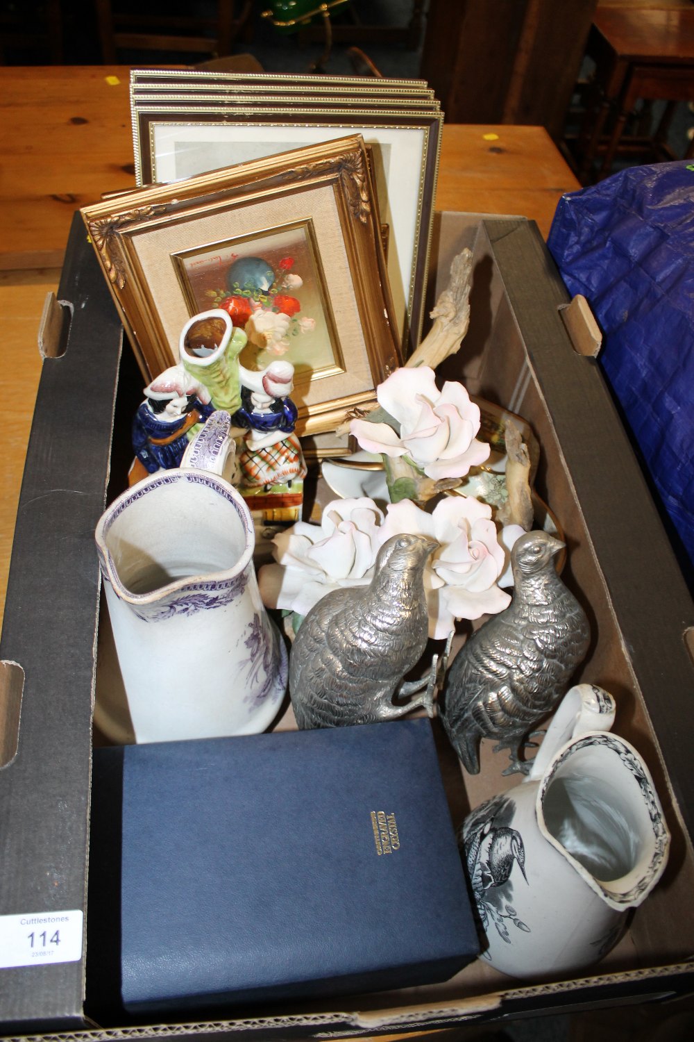 A TRAY OF CERAMICS AND PICTURES ETC. TO INCLUDE A PAIR OF METAL GAME BIRDS