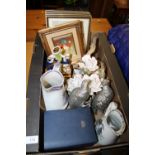 A TRAY OF CERAMICS AND PICTURES ETC. TO INCLUDE A PAIR OF METAL GAME BIRDS