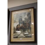 A FRAMED AND GLAZED COLOUR ENGRAVING DEPICTING NAPOLEON ON HORSEBACK