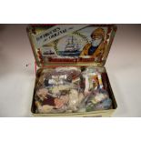 A FISHERMANS FRIEND BOX OF SEWING ITEMS, WOOL ETC.