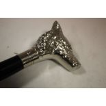 A MODERN WALKING CANE WITH CHROME TOP IN THE SHAPE OF A FOXES HEAD