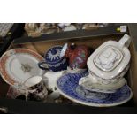 A TRAY OF CERAMICS TO INCLUDE AN ADAMS JASPERWARE STYLE TEAPOT, AYNSLEY ETC.